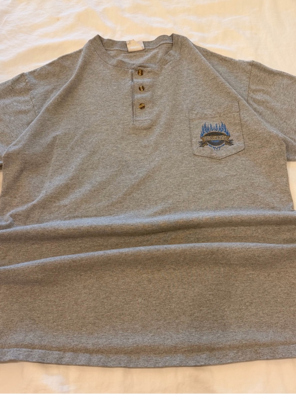 Harley-Davidson Gray Short Sleeve Henley with Blue Pocket Flame Logo